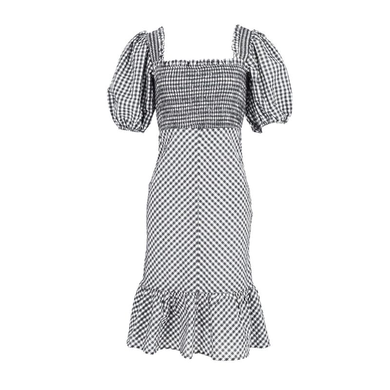 Ganni Smocked Puff Sleeve Gingham Dress In Black And White Polyester